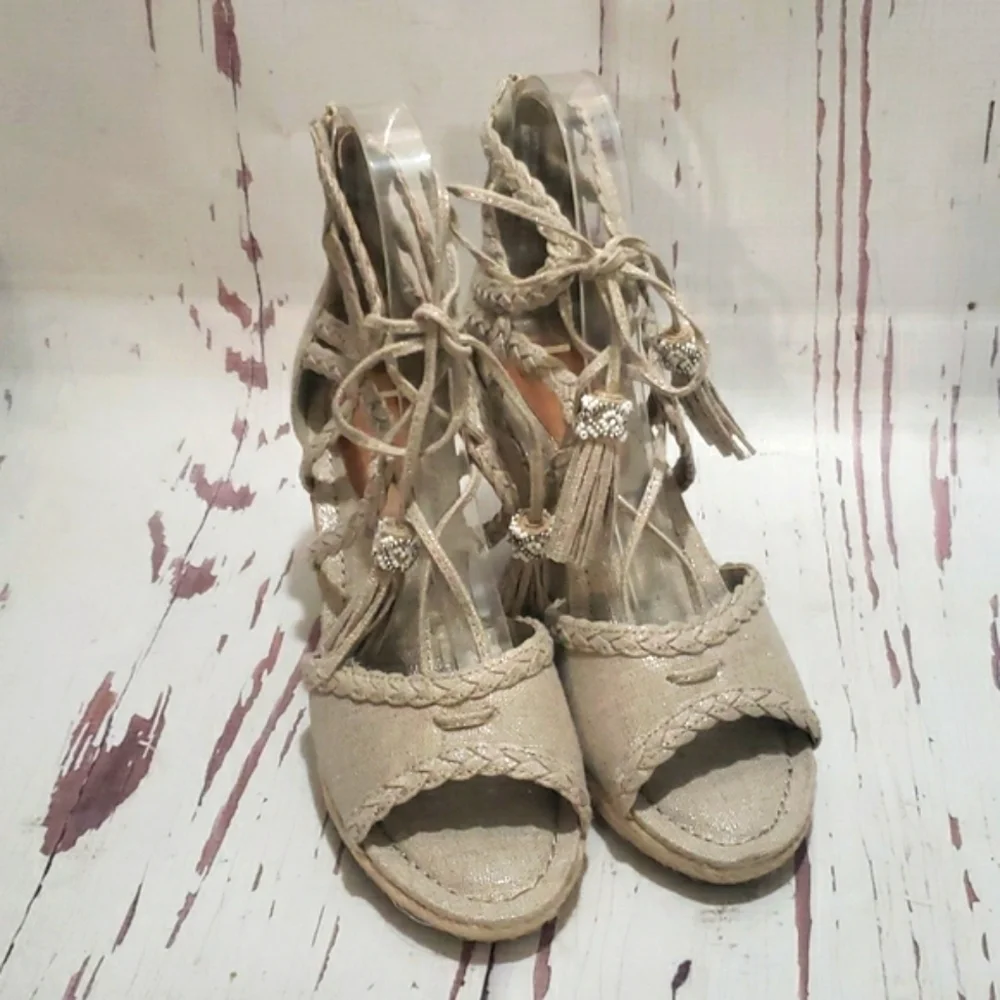 Rampage 7.5 Carlita silver glitter canvas wedge espadrilles strappy with tassels